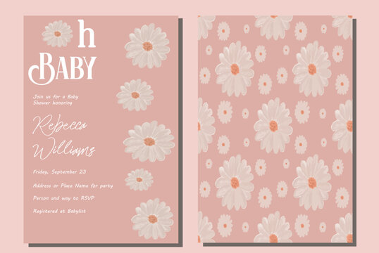 Oh Baby Girl Pink Retro themed  Daisy Floral Baby Shower Invitation with Background. Also great for a birthday party, signs and thank you cards