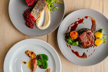 Top view of fish, meat, and chicken gourmets served on the plates