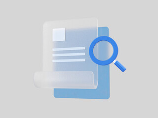 3D document with magnifying glass. Glassmorphism style. 3d render illustration.
