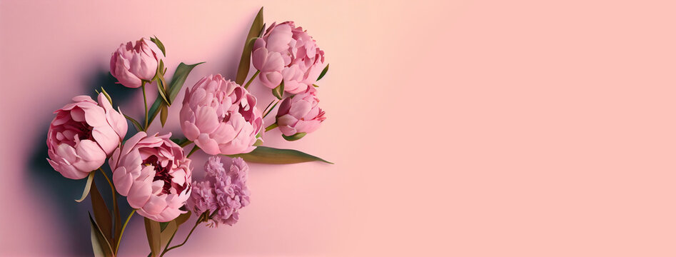 Spring peony flowers on pink pastel background top view in flat lay style. Greeting for Womens or Mothers Day or Spring Sale Banner. Generative Ai.