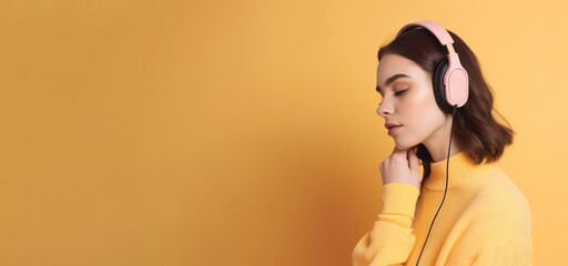Beautiful young brunette woman in big headphones headset listening to music and smiling. Wide banner with copy space generative ai