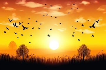 Fototapeta na wymiar Background of thanks giving concept: Silhouette cross and birds flying on meadow autumn sunrise. Generative AI