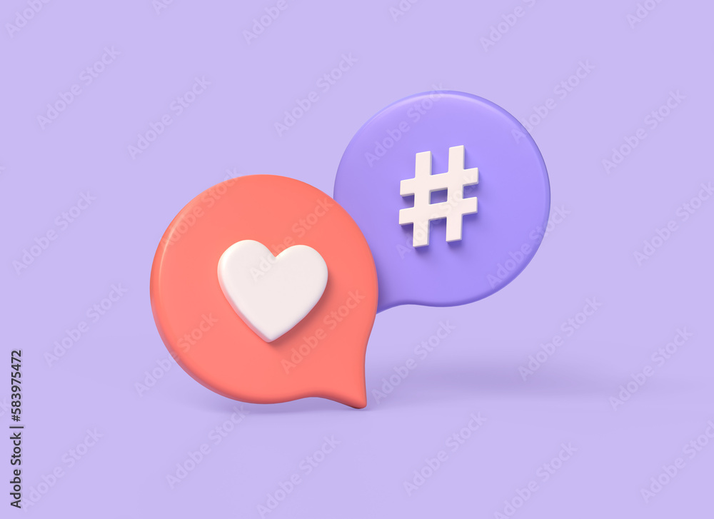 Poster 3d heart icon and search links on notification icon. the concept of communication in social networks