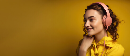 Beautiful young brunette woman in big headphones headset listening to music and smiling. Wide banner with copy space generative ai