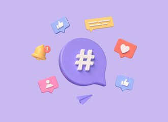 3d hashtag icon, search symbol on notification icon, bell, heart, thumbs up. the concept of communication in social networks. digital marketing. illustration on purple background. 3d rendering