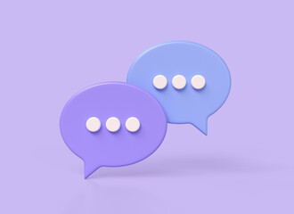 3d speech bubbles with dots, mention icon in comments or social network chat. concept of communication or messaging. illustration isolated on purple background. 3d rendering