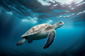 Obraz premium Graceful Sea Turtle Swimming in Clear Blue Waters. AI Generated