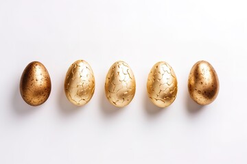 Fototapeta premium Easter golden decorated eggs stand in a row on white background Top view. Generative AI