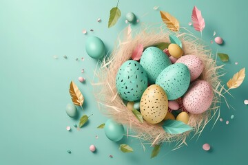 Easter poster and banner template with Easter eggs in the nest on light blue background . Generative AI