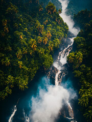 Aerial view of a tropical rainforest with a giant waterfall. Clouds of fog over a river in the jungle. Generative AI