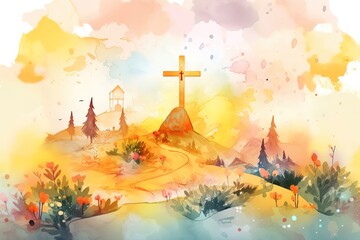Easter scene with cross Jesus Christ Watercolor vector illustration. Generative AI