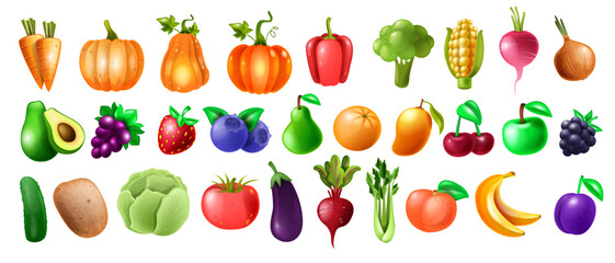 3D vegetables fruit icon set, game farm nature food kit, healthy cooking harvest vector collection. Green garden natural product, juicy apple, tomato, cherry, pumpkin, pepper. Fruit vegetables vitamin