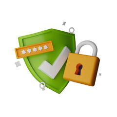 3D shield icon, lock password render secure concept, secret personal data authentication protection. Antivirus badge, internet fraud security safe clipart, PIN entry field. 3D shield padlock design - obrazy, fototapety, plakaty