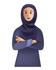 3D Arab woman character, vector muslim female portrait, young girl in traditional hijab abaya. Ethnic smiling business worker avatar, cartoon happy face standing figure. Arab woman illustration