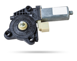 Electric window mechanism motor for a car on a white isolated background. Automotive spare parts catalog.