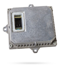 Spare part metall car engine control unit with metal elements on a white isolated background is the...