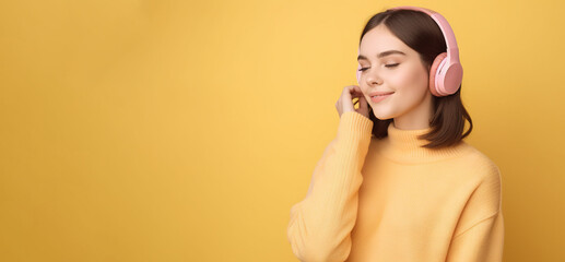 Obraz premium Beautiful young brunette woman in big headphones headset listening to music and smiling. Wide banner with copy space generative ai