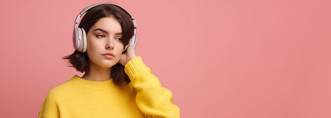 Beautiful young brunette woman in big headphones headset listening to music and smiling. Wide banner with copy space generative ai