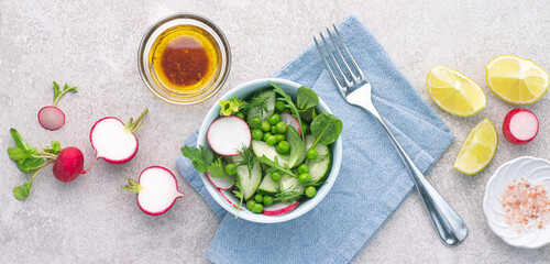 pring, summer vegan salad with radishes, fresh cucumbers and green peas and herbs, seasoned with olive oil, balsamic and lemon. Internet banner. Spring plant based diet, clean healthy eating, banner