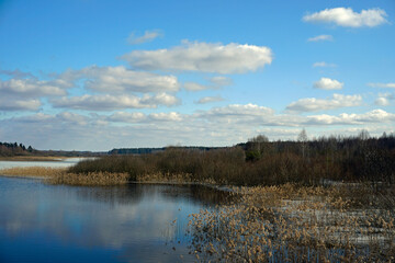 Beautiful spring day on the lake. The last ice reeds along the banks. blue sky and reflection