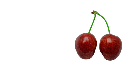 two juicy red cherries isolated on transparent png, collection, cut out.