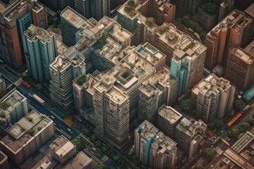 Obraz premium Exploring the concrete jungle: An aerial tour of the urban skyscrapers in the heart of downtown city, generative ai