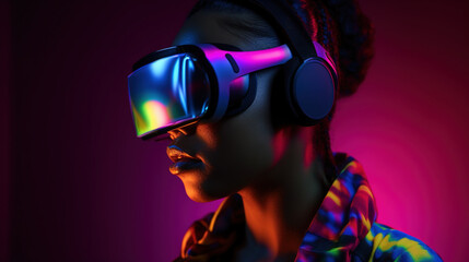 Portrait of African-American woman wearing virtual reality headset. Vivid colors neon glowing HMD generative ai