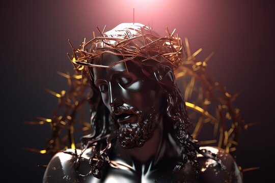 Good Friday Banner Design Jesus Christ with Crown of Thorns Statue. Generative AI