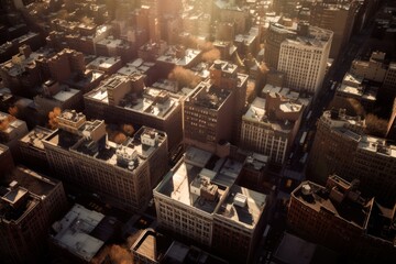 Exploring the concrete jungle: An aerial tour of the urban skyscrapers in the heart of downtown city, generative ai
