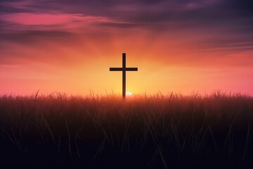 Good Friday concept: Silhouette cross of Jesus Christ on meadow autumn sunrise background. Generative AI