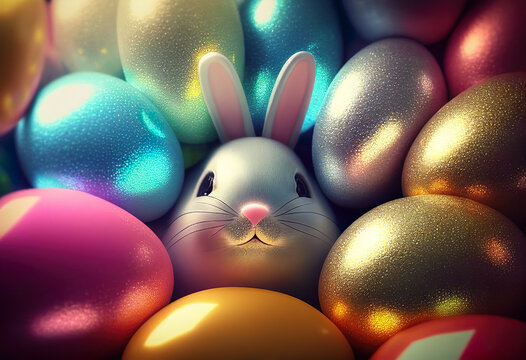 Bunny head or bunny face with a group of beautiful easter eggs. Easter celebrate and festival background. AI Generated.