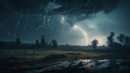 Naklejka na ściany i meble Fantasy landscape with lightning in the sky.generative ai