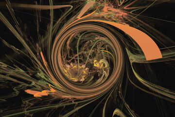 Orange swirling pattern of crooked waves on a black background. Abstract fractal 3D rendering
