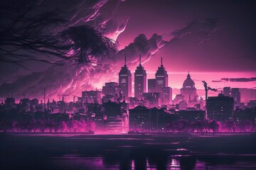 Fototapeta na wymiar Helsinki skyline in a purple and pink neon cyberpunk future. Generative AI