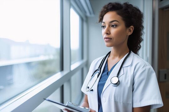Female nurse doctor stood by a hospital window, holding medical notes