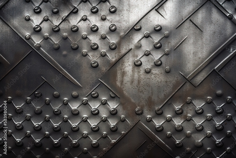 Poster a metal surface with rivets and circles on it. generative ai