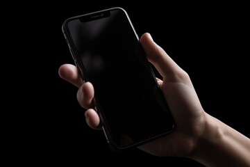  a person holding a black cell phone in their hand with a black background.  generative ai
