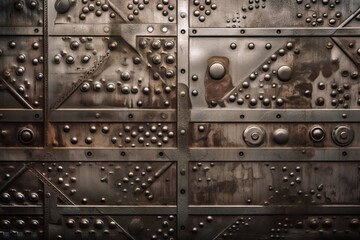  a close up of a metal door with rivets.  generative ai
