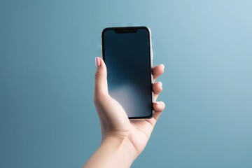  a person holding a cell phone in their hand with a blue background.  generative ai