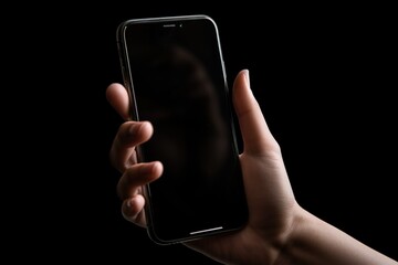  a person holding a cell phone in their hand with a dark background.  generative ai