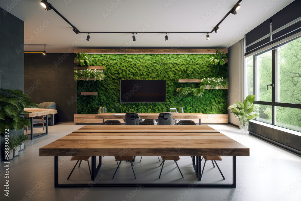 Wall mural eco-friendly office meeting room interior with biophilic design elements. big blank tv screen. gener