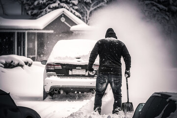 Man with shovel removing snow from car. Generative AI.