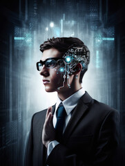 Futuristic business man portrait. Digital computer concept of man in suit. Generative AI.