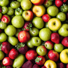 Variety of fresh fruits. Colorful and varied treatment, apples, strawberries, oranges...