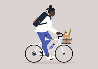 Young female African character combining cycle exercise and errands, balancing groceries in a crate and embracing sustainability