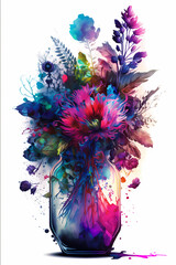 An abstract design of a bunch of flowers in a vase painted with colorful watercolors on white background
