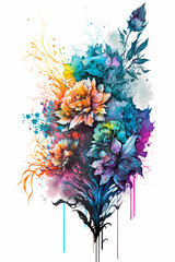 An abstract design of a bouquet of flowers painted with colorful watercolors on white background
