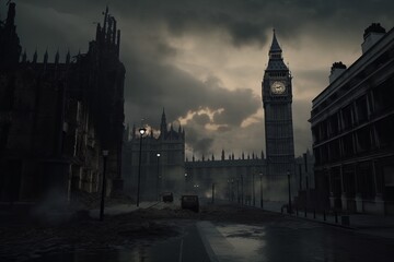 Fototapeta na wymiar UK streets of London after a military strike. Dramatic scenes of destruction and human loss.