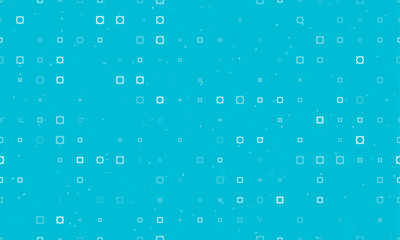 Seamless background pattern of evenly spaced white currency signs of different sizes and opacity. Vector illustration on cyan background with stars