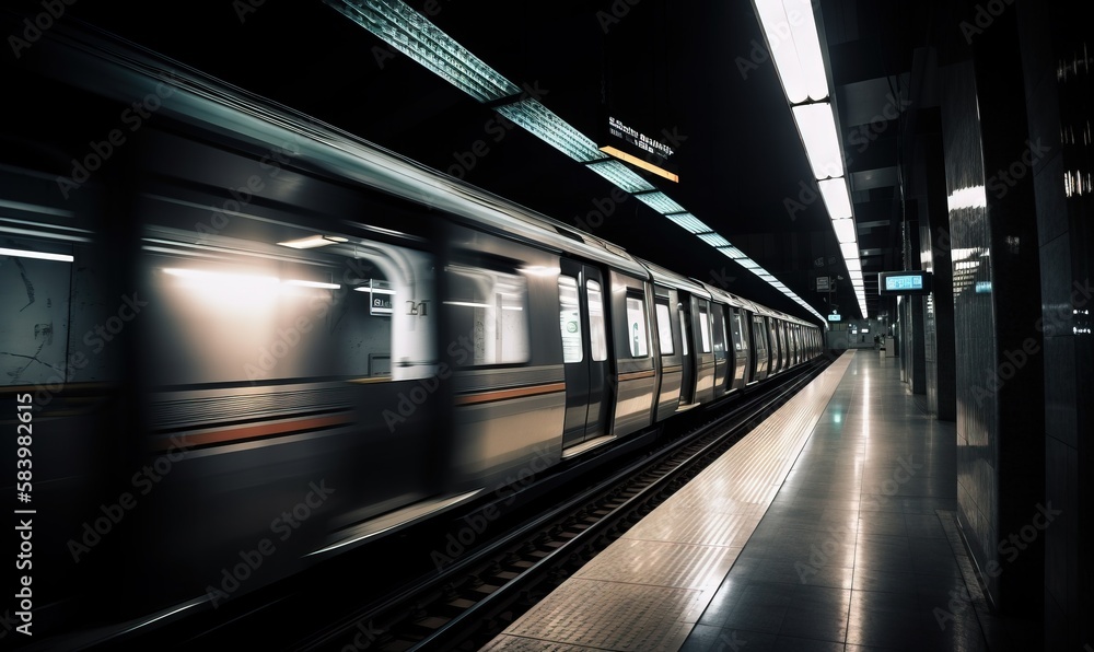 Poster a subway train is moving through a dark subway station with its lights on. generative ai